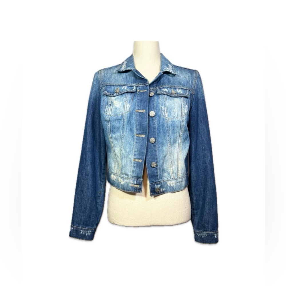 Jessica Simpson Distressed Blue Denim Jacket Size M Button Down Trendy Casual